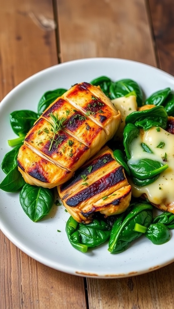 Delicious Zero Carb Recipes A zero carb meal with grilled chicken, sautéed spinach, and melted cheese on a rustic table.